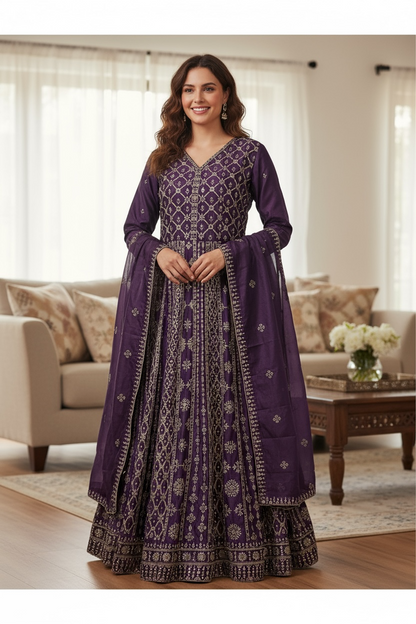 Heavy party wear Chinon silk gown/ Anarkali dress by Kurti Connection USA
