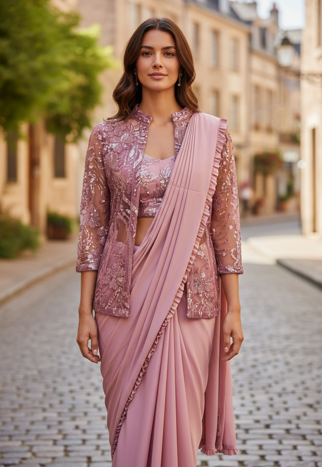 Readymade saree / pre stitched saree with blouse and jacket