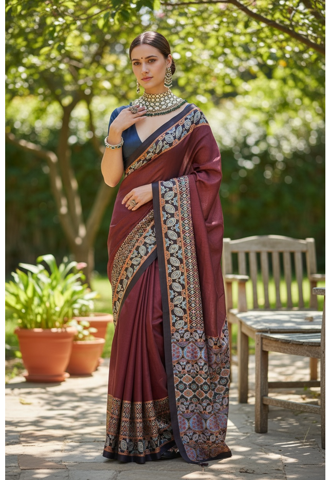 Ajrakh silk saree