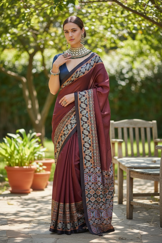Ajrakh silk saree