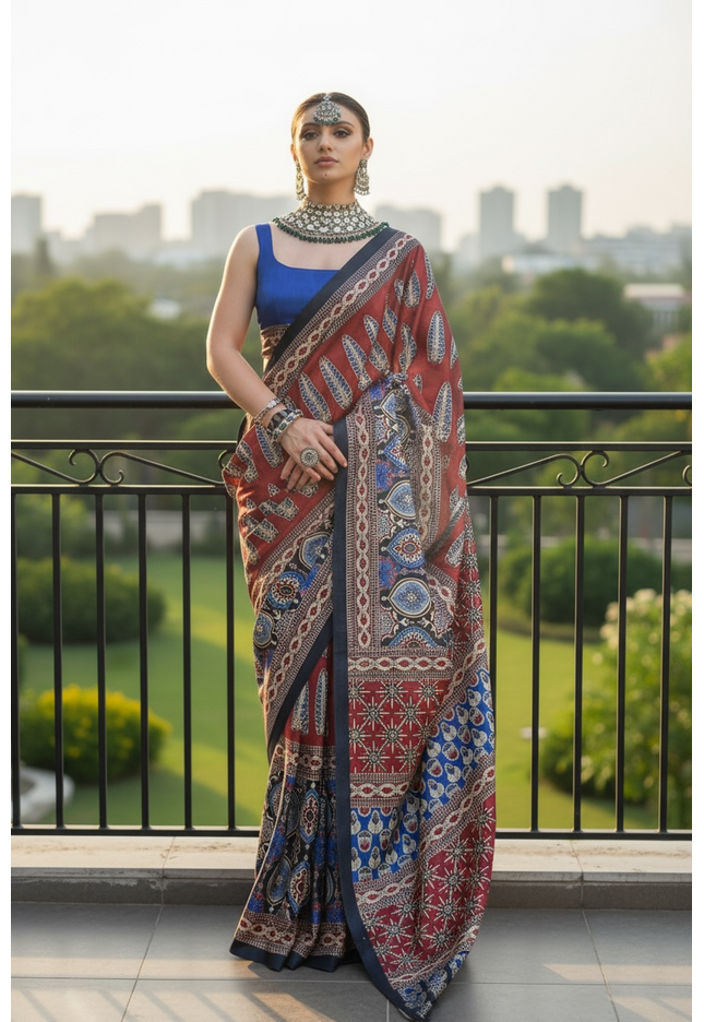 Ajrakh saree on modal silk