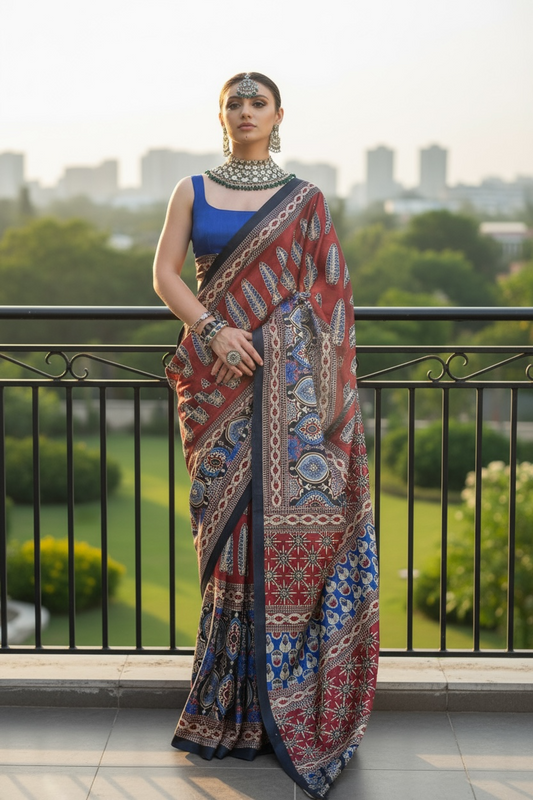 Ajrakh saree on modal silk
