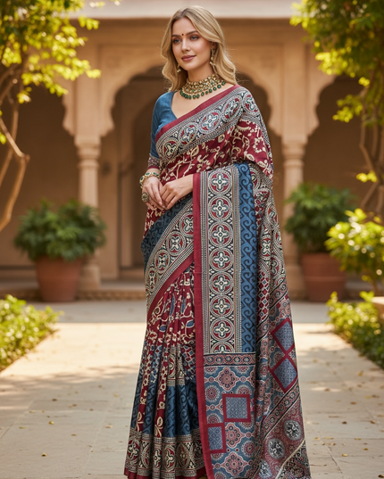 Ajrakh saree on modal silk