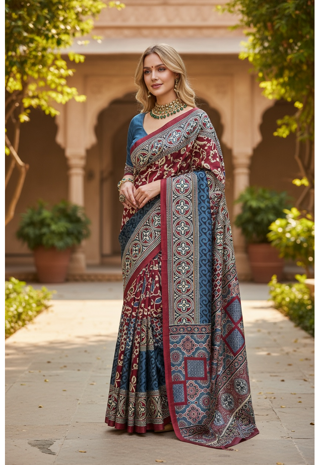 Ajrakh saree on modal silk