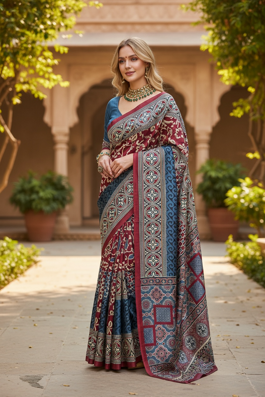 Ajrakh saree on modal silk