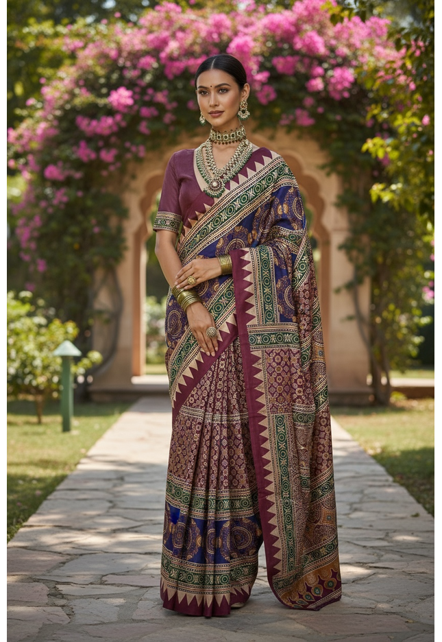 Ajrakh saree on modal silk