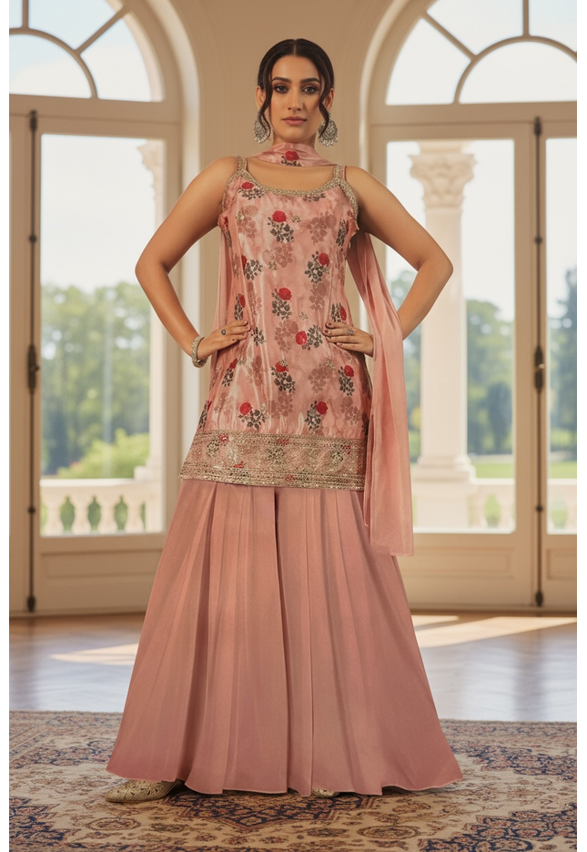 Chiffon silk (dishen) sharara suit