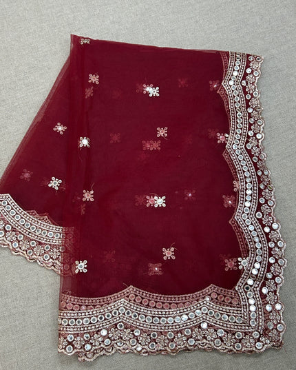 Fancy net dupatta: maroon with light gold work