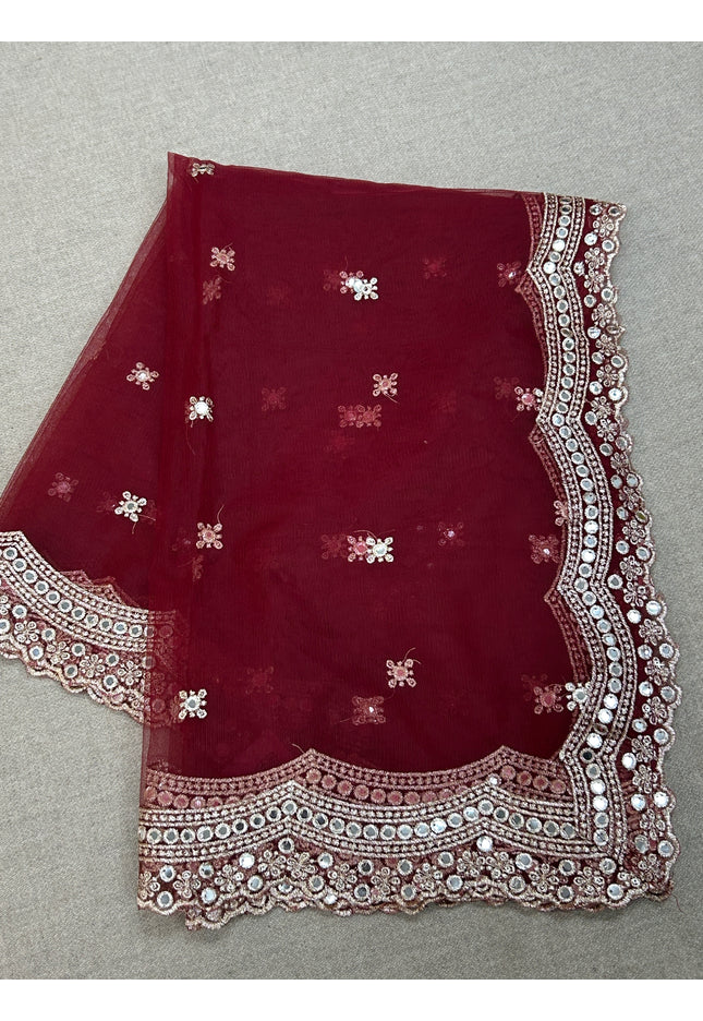 Fancy net dupatta: maroon with light gold work