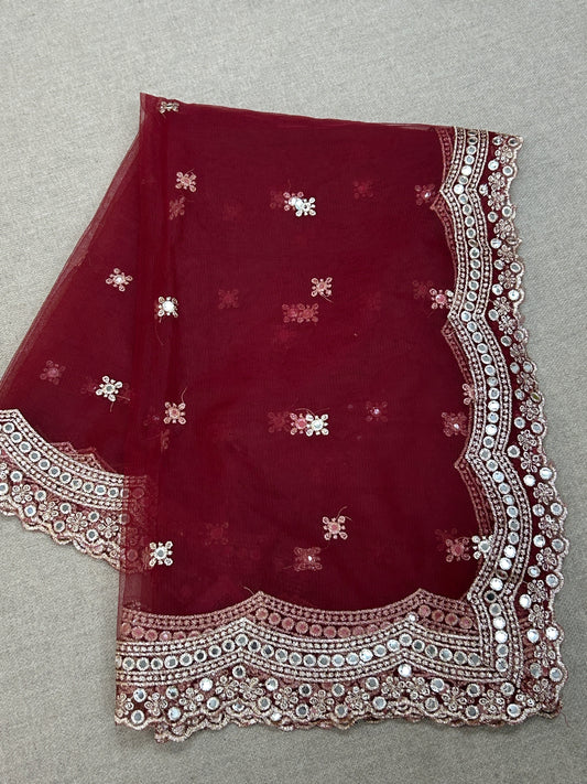 Fancy net dupatta: maroon with light gold work