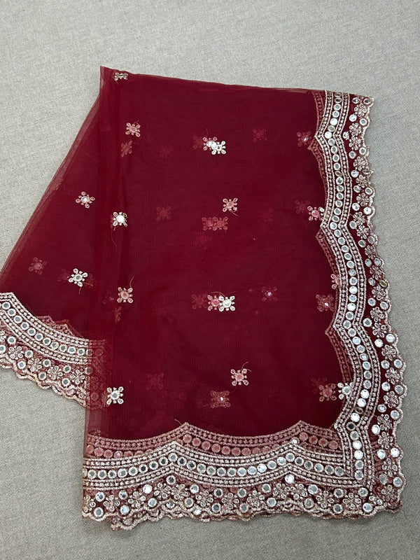 Fancy net dupatta: maroon with light gold work by Kurti Connection USA