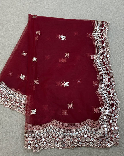 Fancy net dupatta: maroon with light gold work