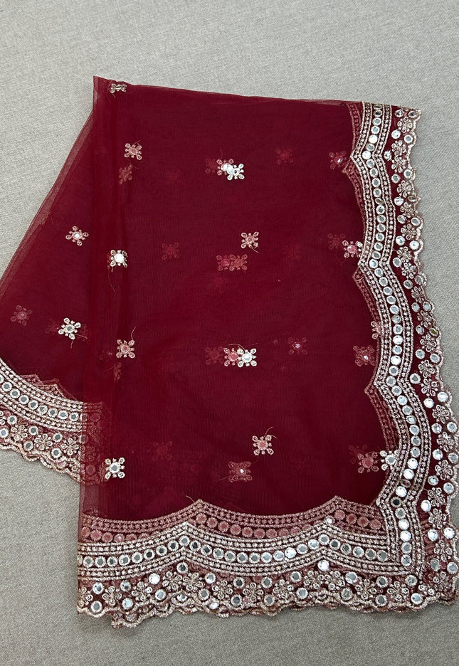 Fancy net dupatta: maroon with light gold work