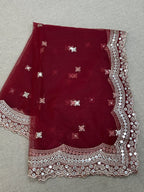 Fancy net dupatta: maroon with light gold work by Kurti Connection USA