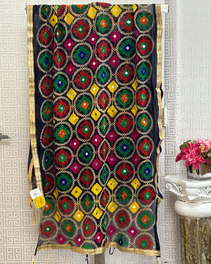 Navy blue dupatta with phulkari work