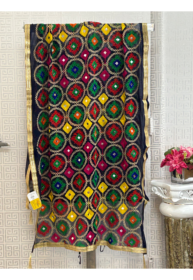 Navy blue dupatta with phulkari work