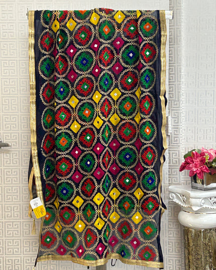 Navy blue dupatta with phulkari work