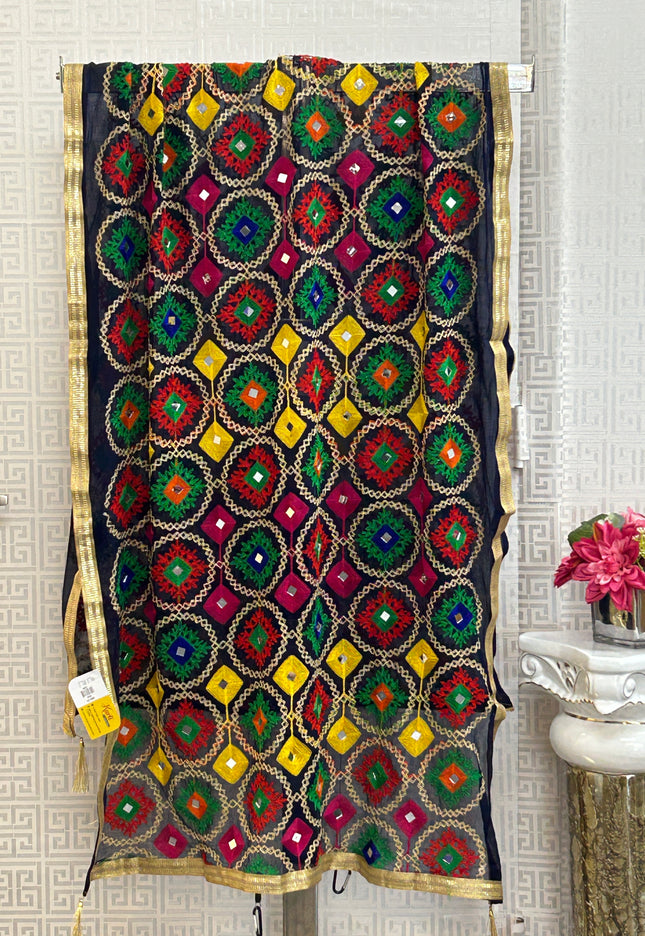 Navy blue dupatta with phulkari work