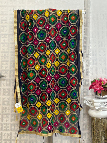 Navy blue dupatta with phulkari work by Kurti Connection USA