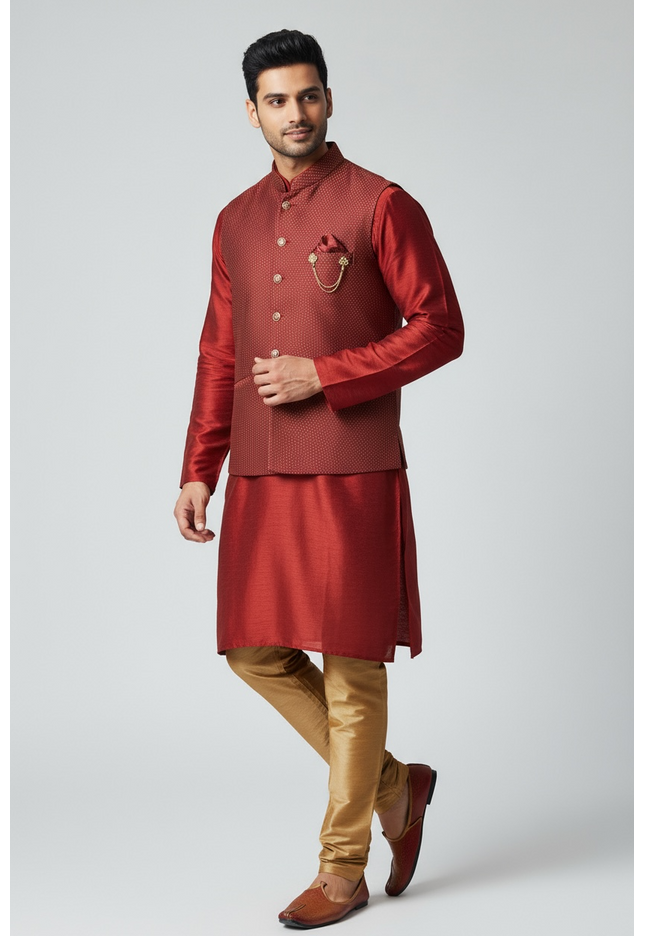 Dark maroon kurta pajama with jacket