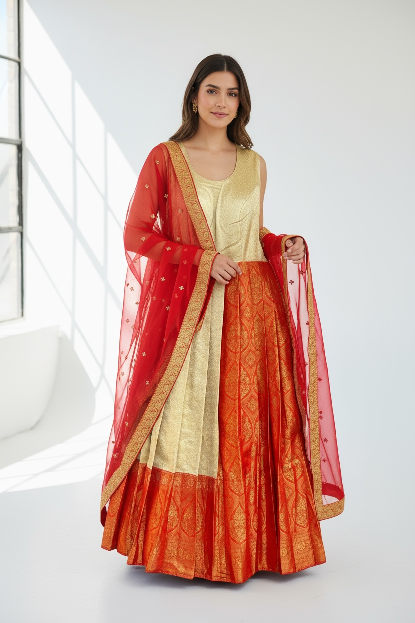 Kanjeevaram silk heavy long gown by Kurti Connection USA