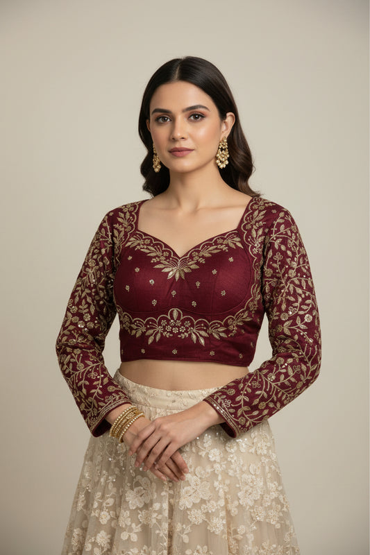 Maroon Silk cotton blouse by Kurti Connection USA