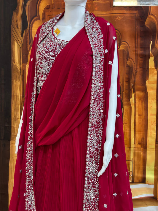 Dark pink lehenga Choli set with jacket and pre stitched dupatta