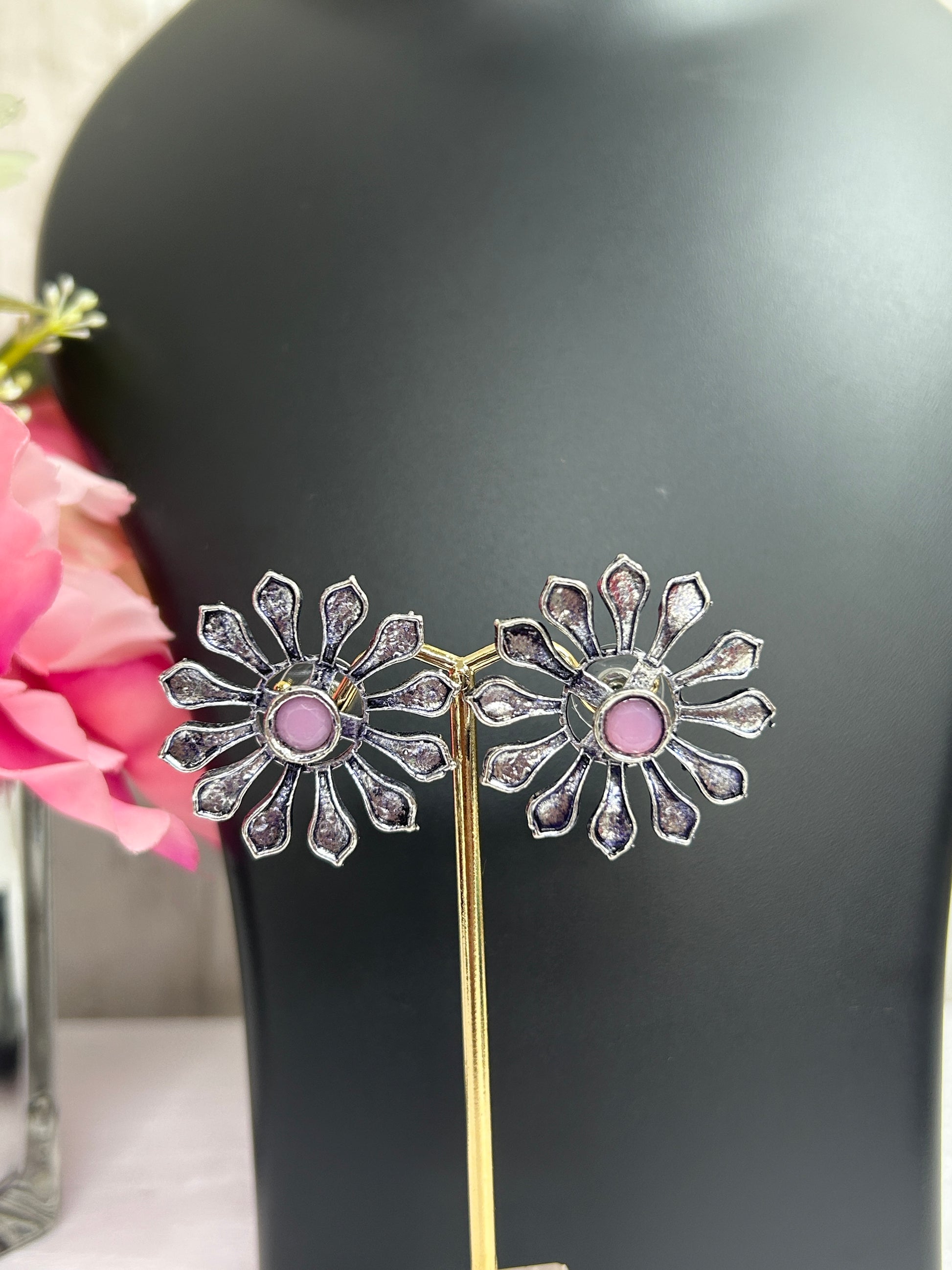 Oxidized earrings with pink stone by Kurti Connection USA