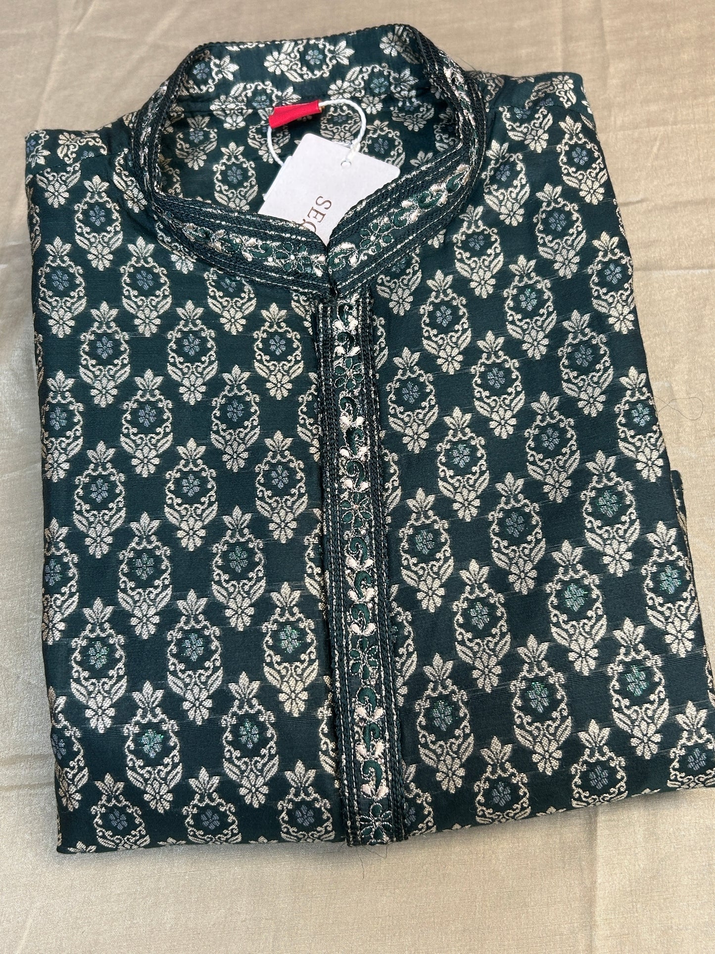 Dark green brocade kurta pajama by Kurti Connection USA