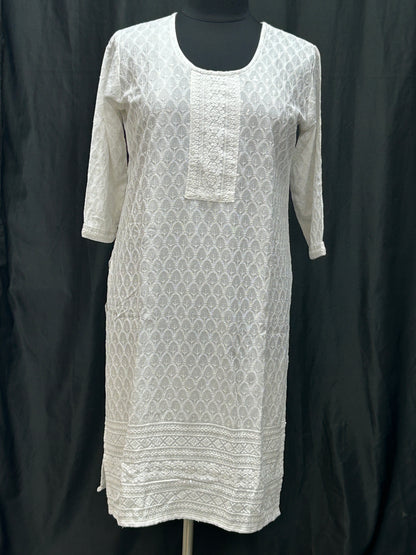 White chikankari kurti with light sequin work by Kurti Connection USA