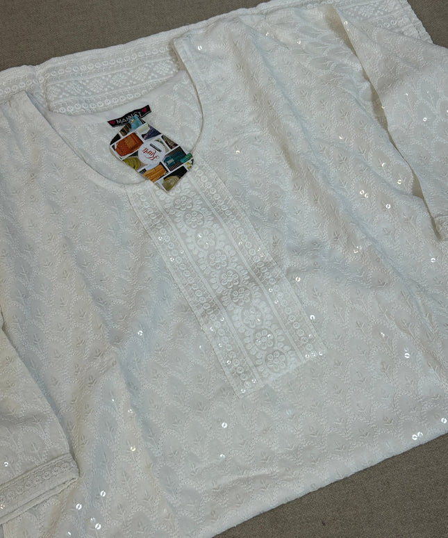 White chikankari kurti with light sequin work by Kurti Connection USA