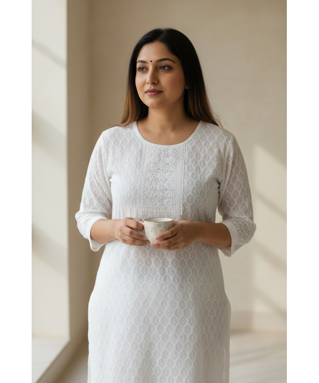 White chikankari kurti with light sequin work by Kurti Connection USA