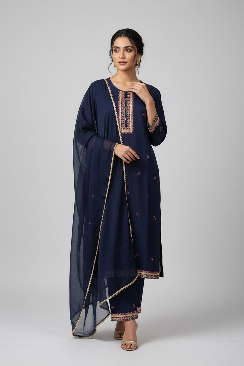 Rayon Kurti pant set with chiffon dupatta by Kurti Connection USA