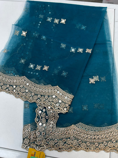 Teal blue mirror work duppata