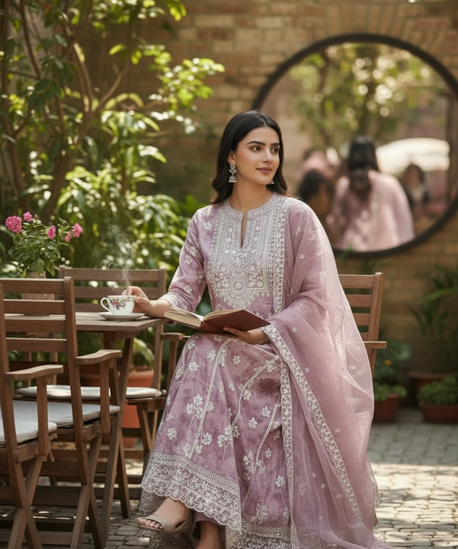Linen silk kurti set : Anarkali Kurti pant set