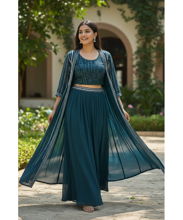 Dark blue lehenga set with long jacket