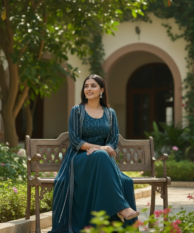 Dark blue lehenga set with long jacket