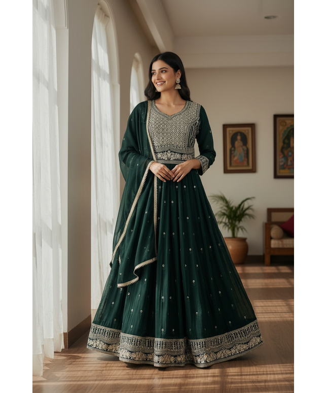 Chinon silk long gown : green