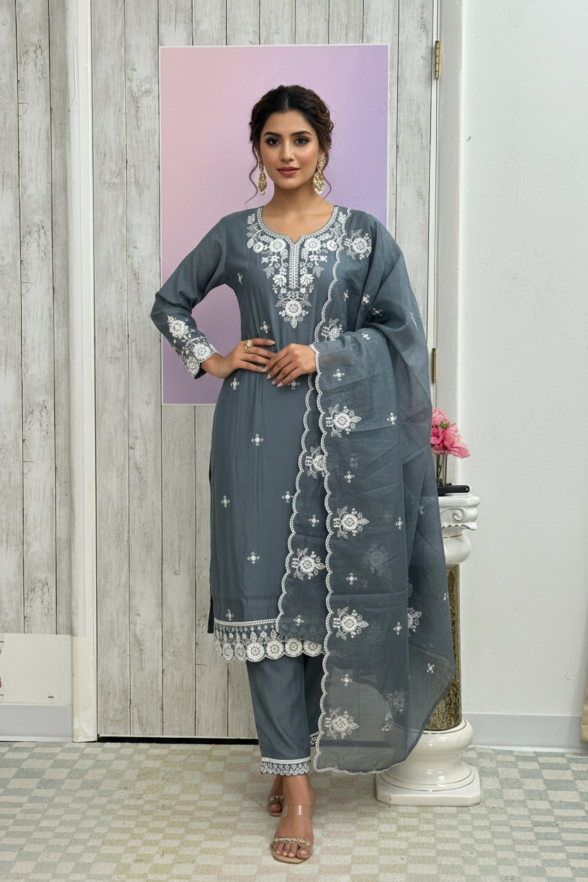 Linen silk chikankari Kurti set