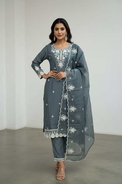 Linen silk chikankari Kurti set