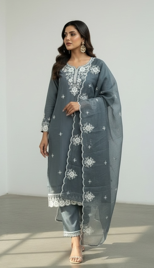 Linen silk chikankari Kurti set