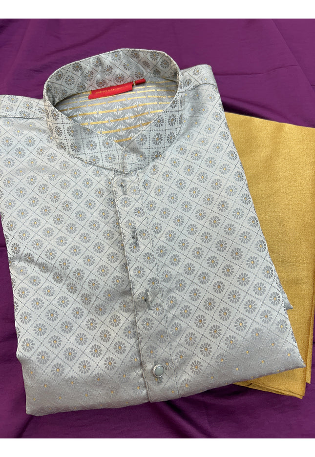 Jacquard silk kurta set : light grey - Kurti Connection USA