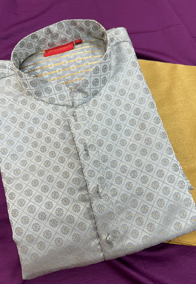 Jacquard silk kurta set : light grey - Kurti Connection USA