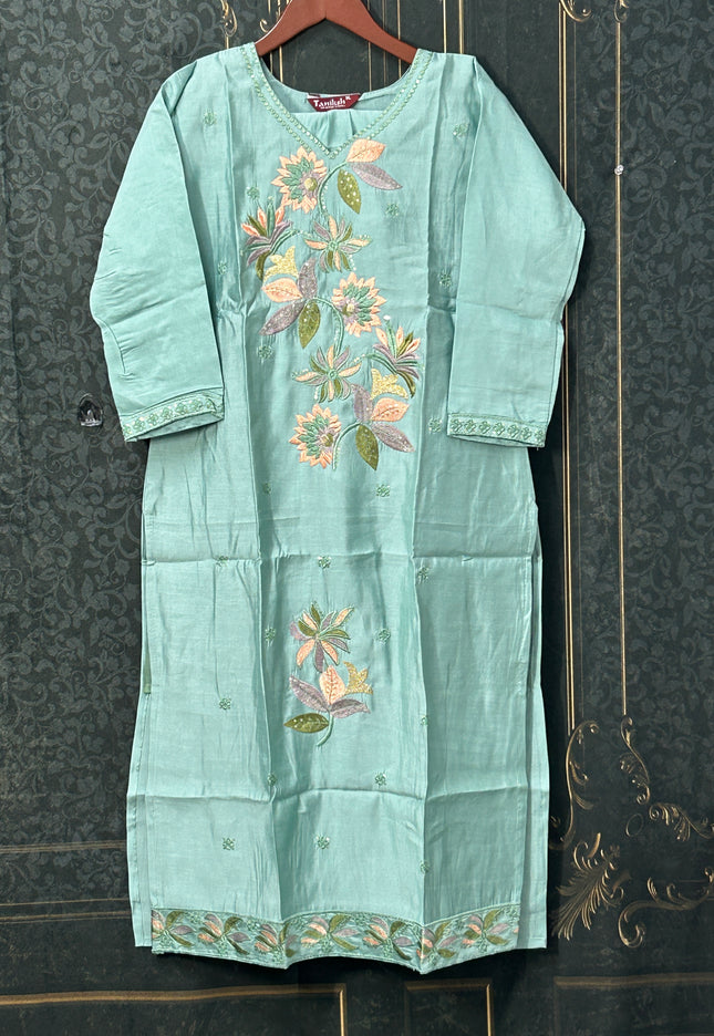 Chanderi silk Kurti set : embroidered - Kurti Connection USA