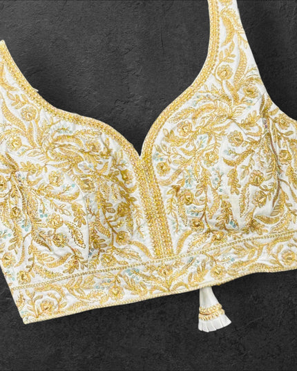 White blouse with gold embroidery - Kurti Connection USA