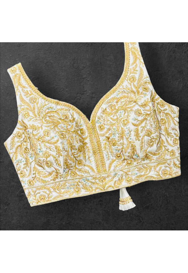 White blouse with gold embroidery - Kurti Connection USA