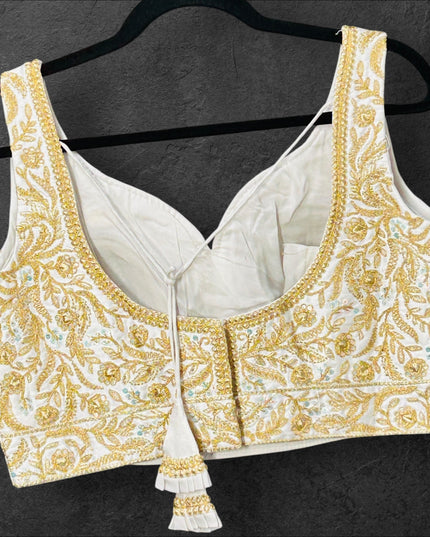 White blouse with gold embroidery - Kurti Connection USA