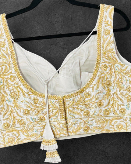 White blouse with gold embroidery - Kurti Connection USA