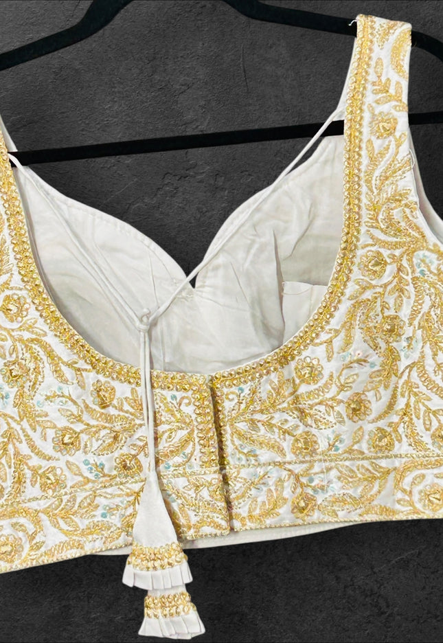White blouse with gold embroidery - Kurti Connection USA