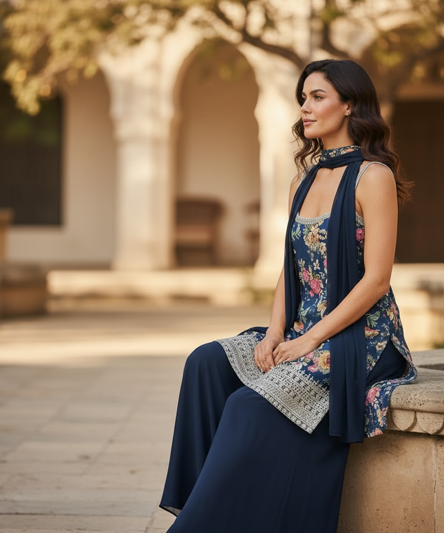 Sleeveless Kurti Plazzo set with necklace dupatta: sharara suit